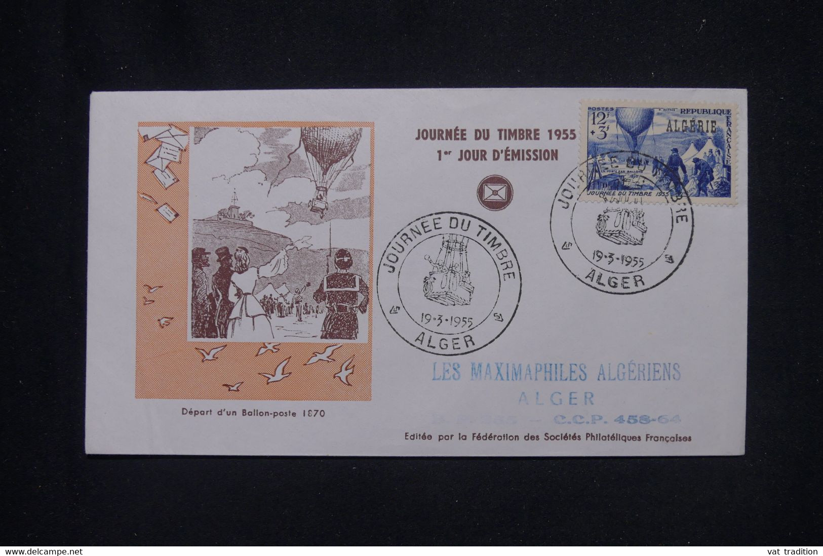 ALGÉRIE - Enveloppe FDC En 1955 - Journée Du Timbre - La Poste Par Ballon - L 136575 - FDC