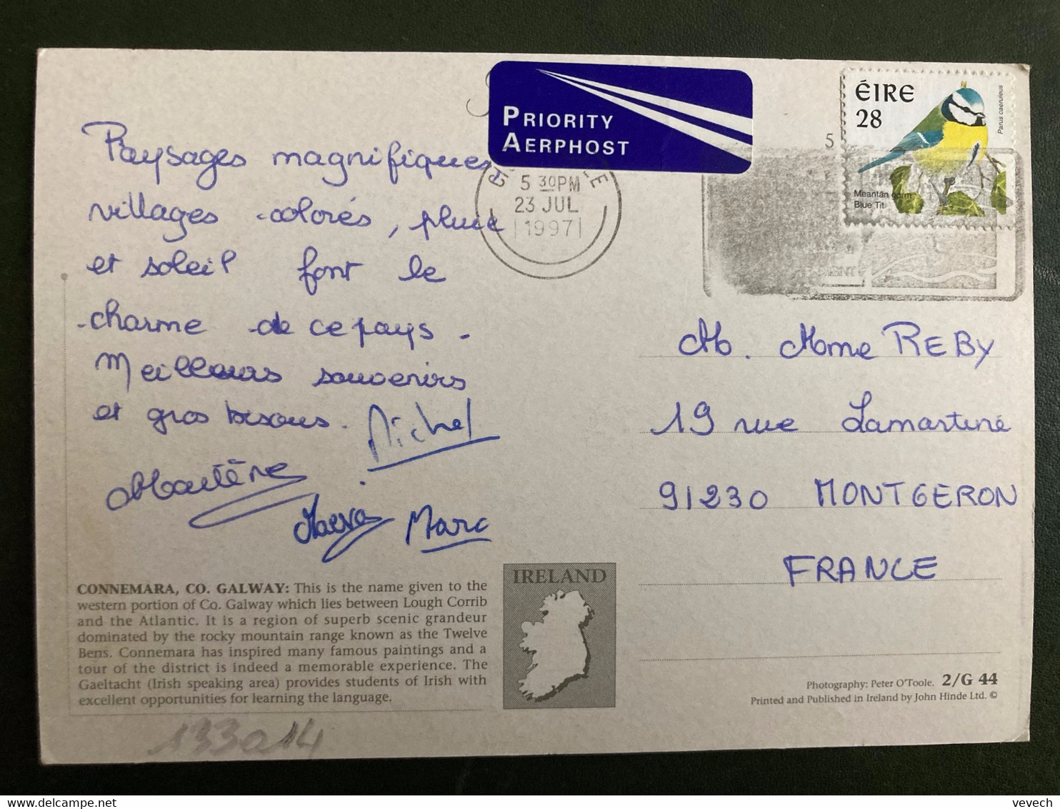 CP Pour La FRANCE TP OISEAU PARUS CAERULEUS 28 OBL.MEC.23 JUL 1997 - Lettres & Documents