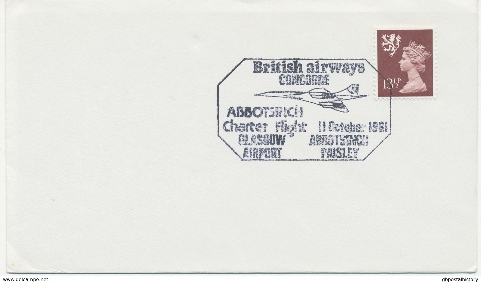 GB SPECIAL EVENT POSTMARKS British Airways CONCORDE ABBOTSINCH Charter Flight 11 October 1981 GLASGOW AIRPORT - ABBOTSI - Storia Postale