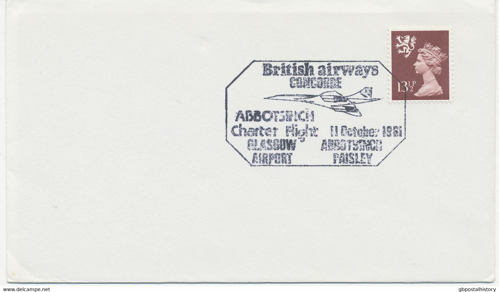 GB SPECIAL EVENT POSTMARKS British Airways CONCORDE ABBOTSINCH Charter Flight 11 October 1981 GLASGOW AIRPORT - ABBOTSI - Postmark Collection