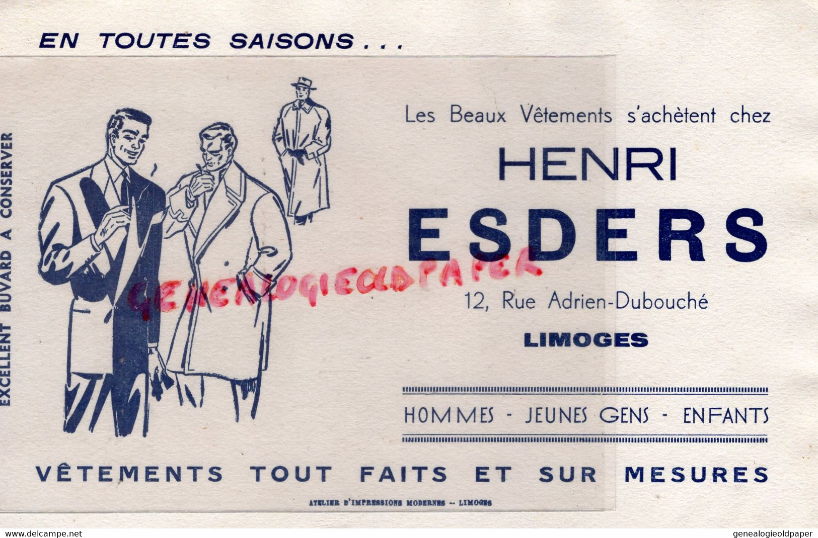 87- LIMOGES- BUVARD HENRI ESDERS CONFECTION VETEMENTS- 12 RUE ADRIEN DUBOUCHE - Kleidung & Textil