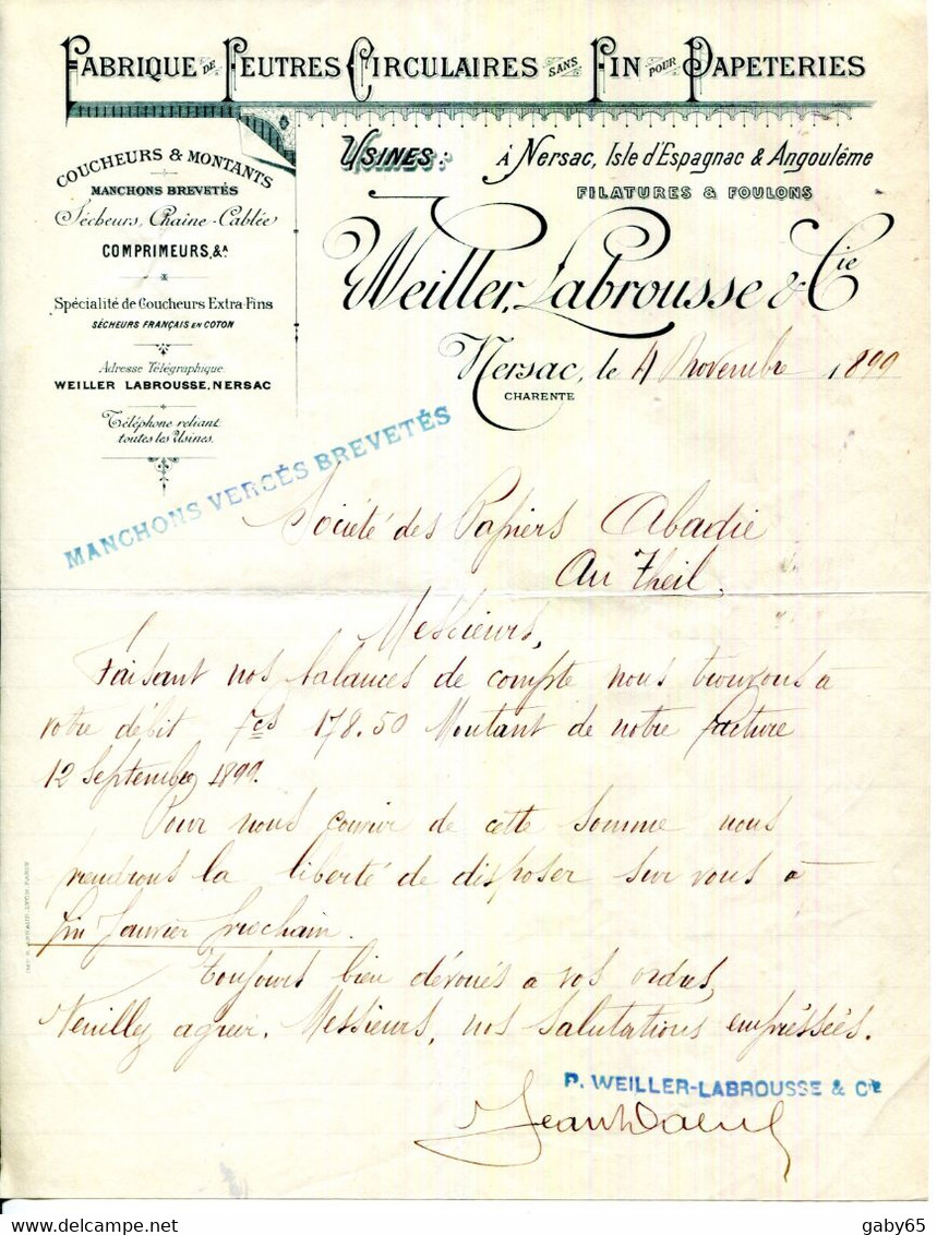 FACTURE.16.CHARENTE.NERSAC.FABRIQUE DE FEUTRES CIRCULAIRES SANS FIN POUR PAPETERIES.WELLER,LABROUSSE & Cie. - Druck & Papierwaren