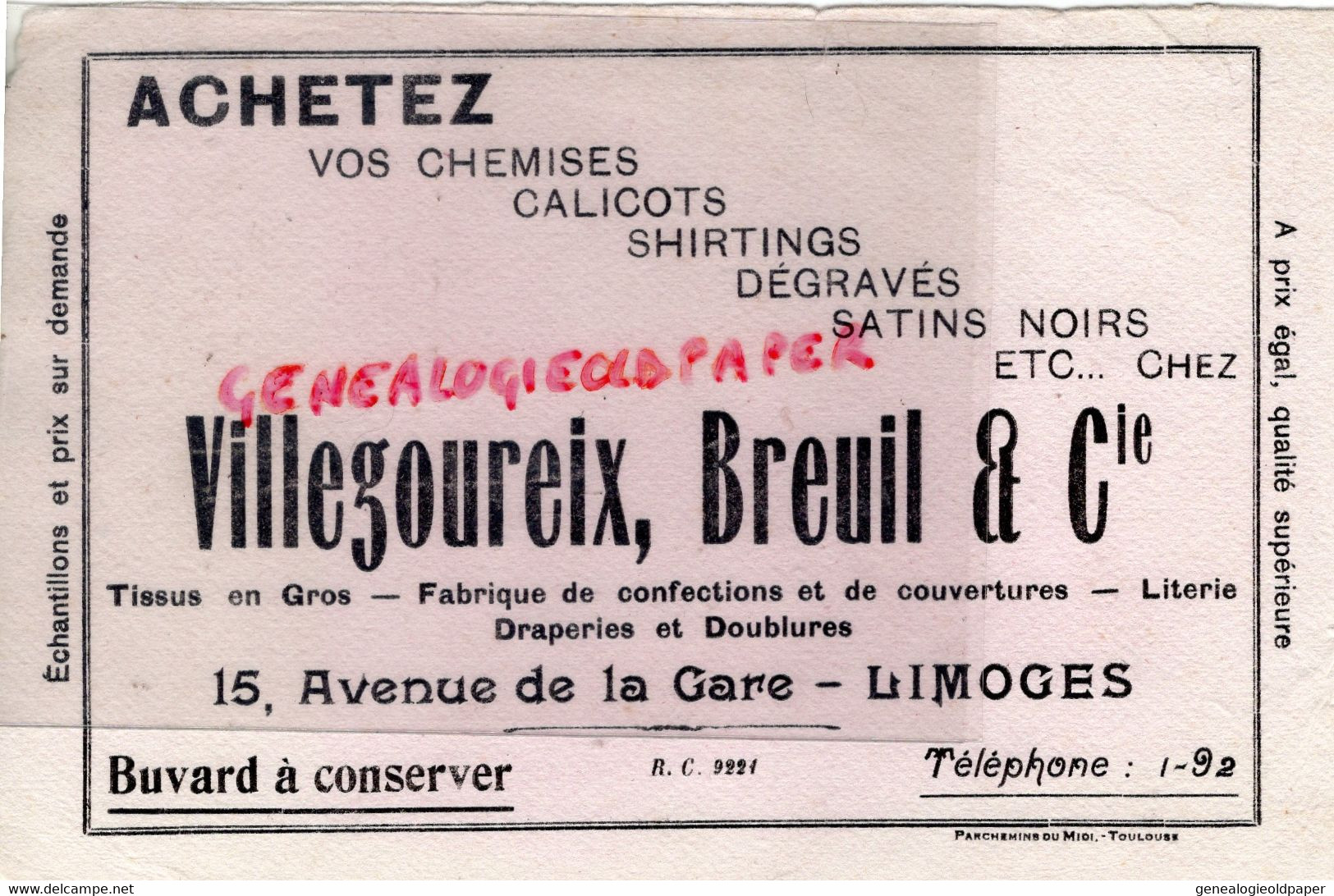 87- LIMOGES- RARE BUVARD VILLEGOUREIX BREUIL-CONFECTION VETEMENTS -15 AVENUE DE LA GARE - PARCHEMINS DU MIDI TOULOUSE - Textile & Clothing