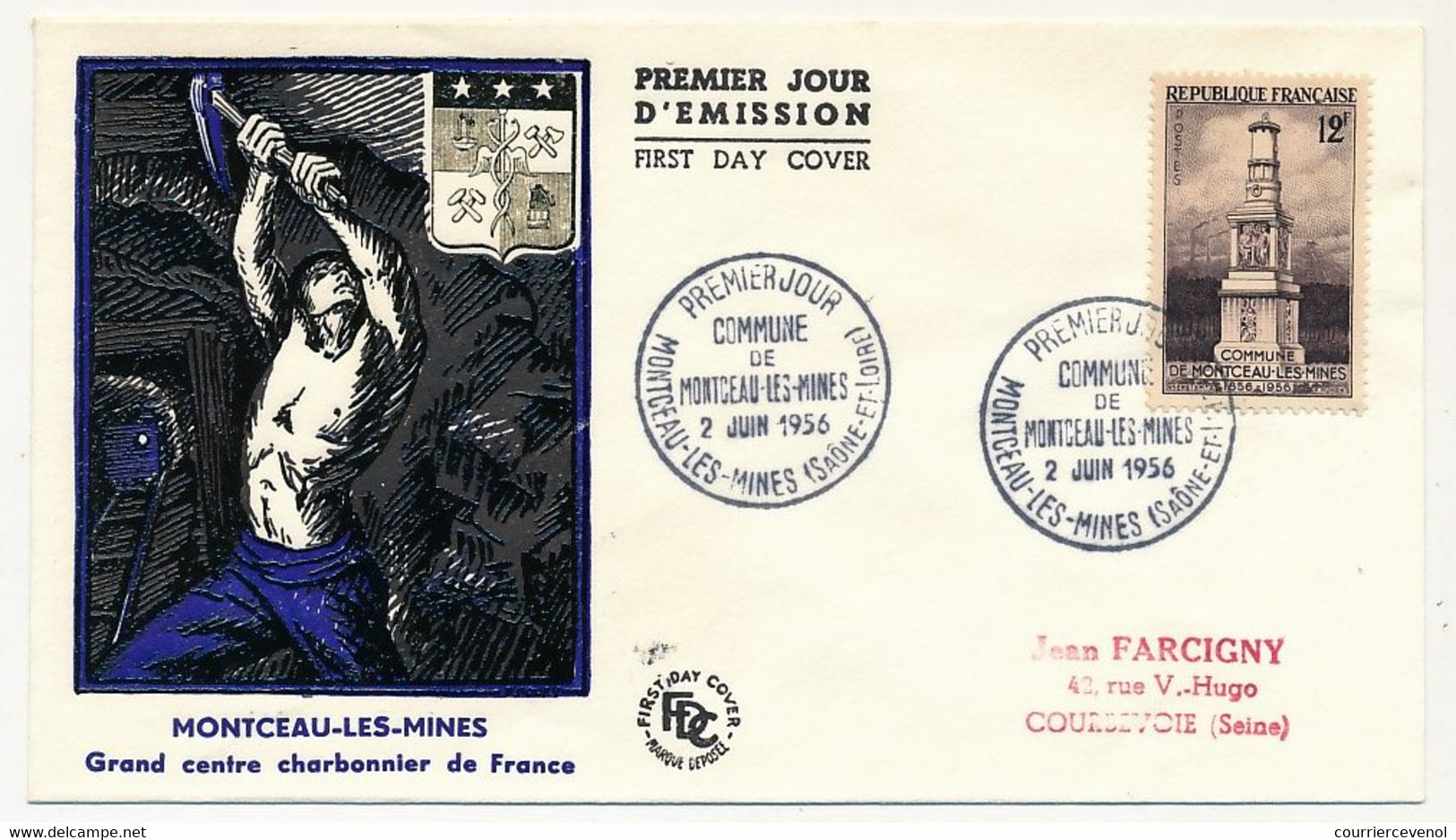 FRANCE - Env. FDC - 12F Montceau Les Mines - 2 Juin 1956 - 1950-1959