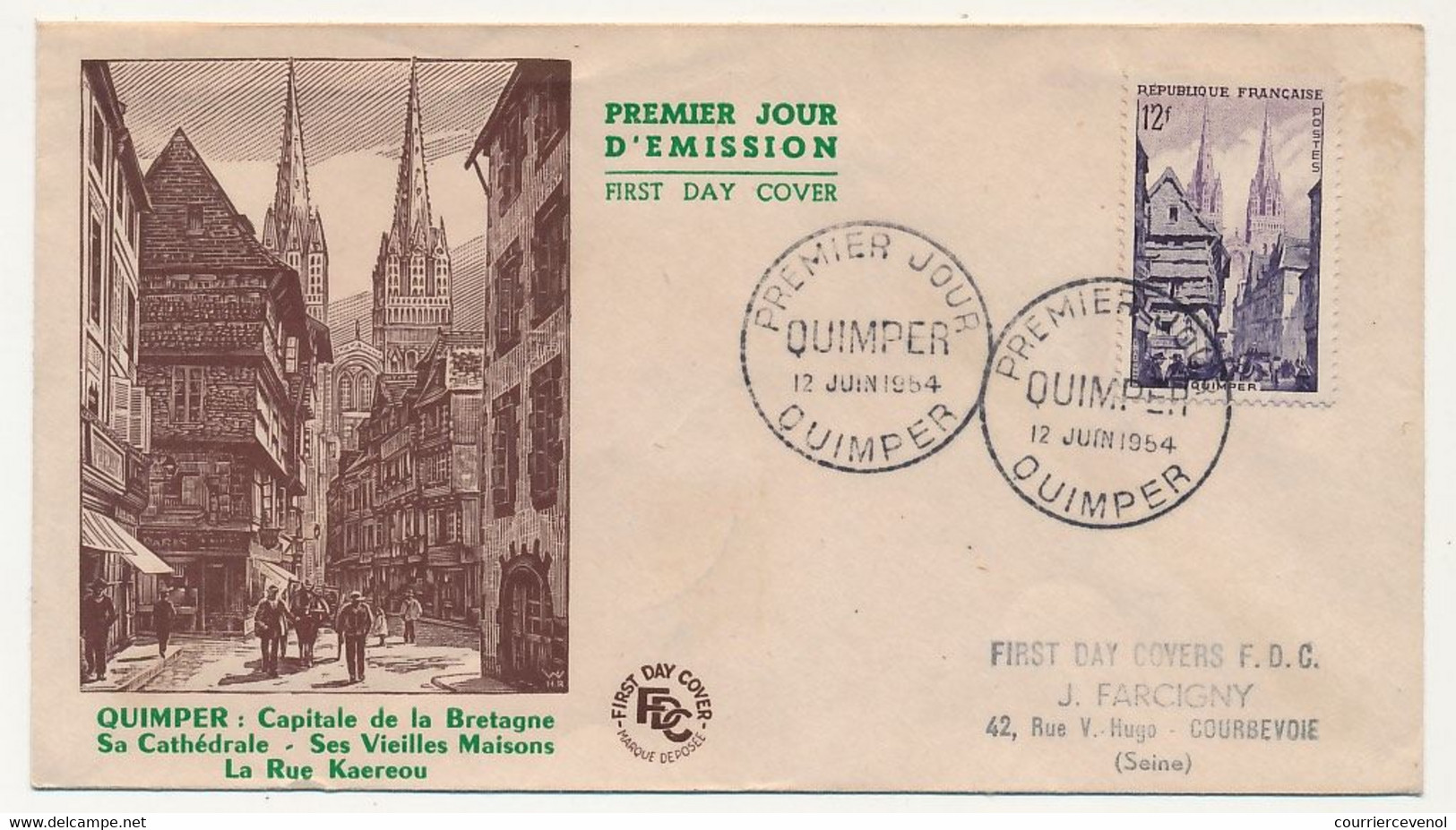 FRANCE - Env. FDC - 12F QUIMPER - 12/6/1954 - 1950-1959