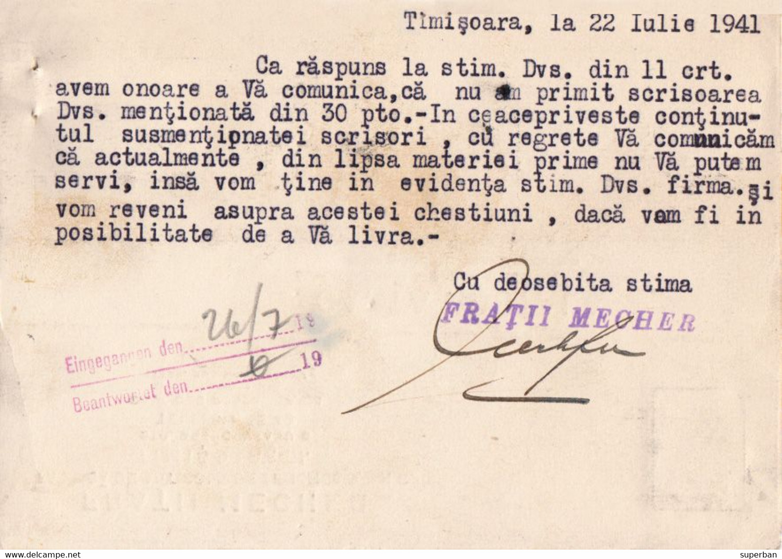 ROMANIA : TIMISOARA -> BUCURESTI [ WW II - JULY 1941 ] - POSTCARD From FR. MECHER- CENZURA MILITARA / CENSORED (al002) - 2de Wereldoorlog (Brieven)