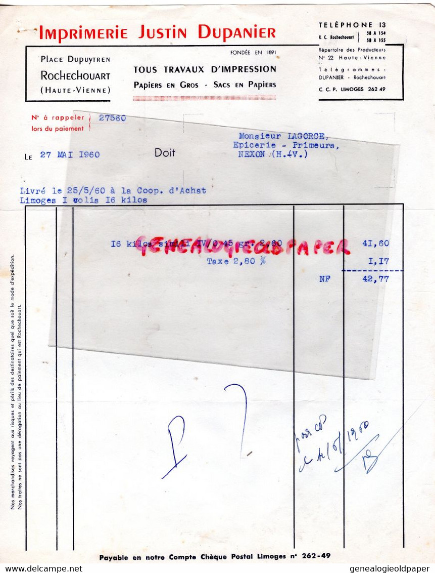 87-ROCHECHOUART- RARE IMPRIMERIE CARTES POSTALES JUSTIN DUPANIER PLACE DUPUYTREN-  M. LAGORCE NEXON EPICERIE -1960 - Printing & Stationeries