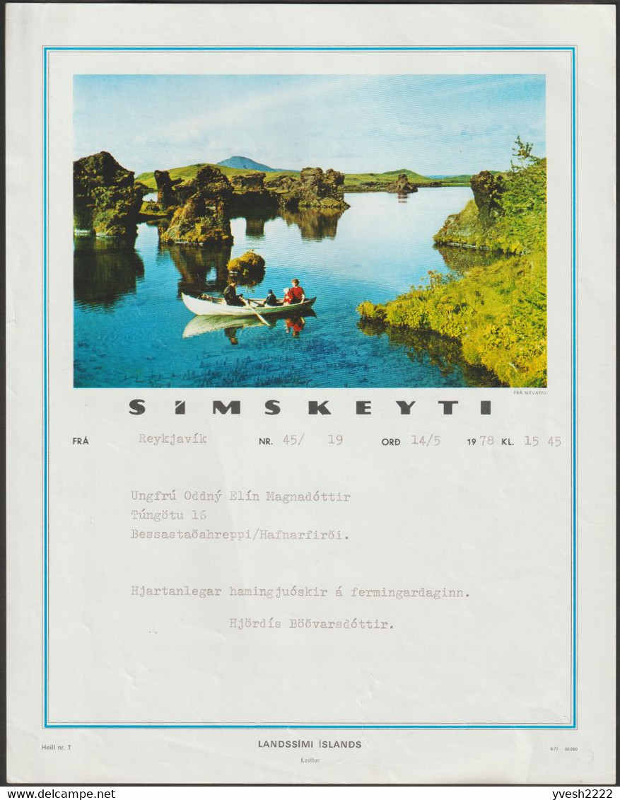 Islande 1978. Télégramme Touristique. Lac Mývatn (lac Des Mouches). Volcan, Barque, Canards - Volcans