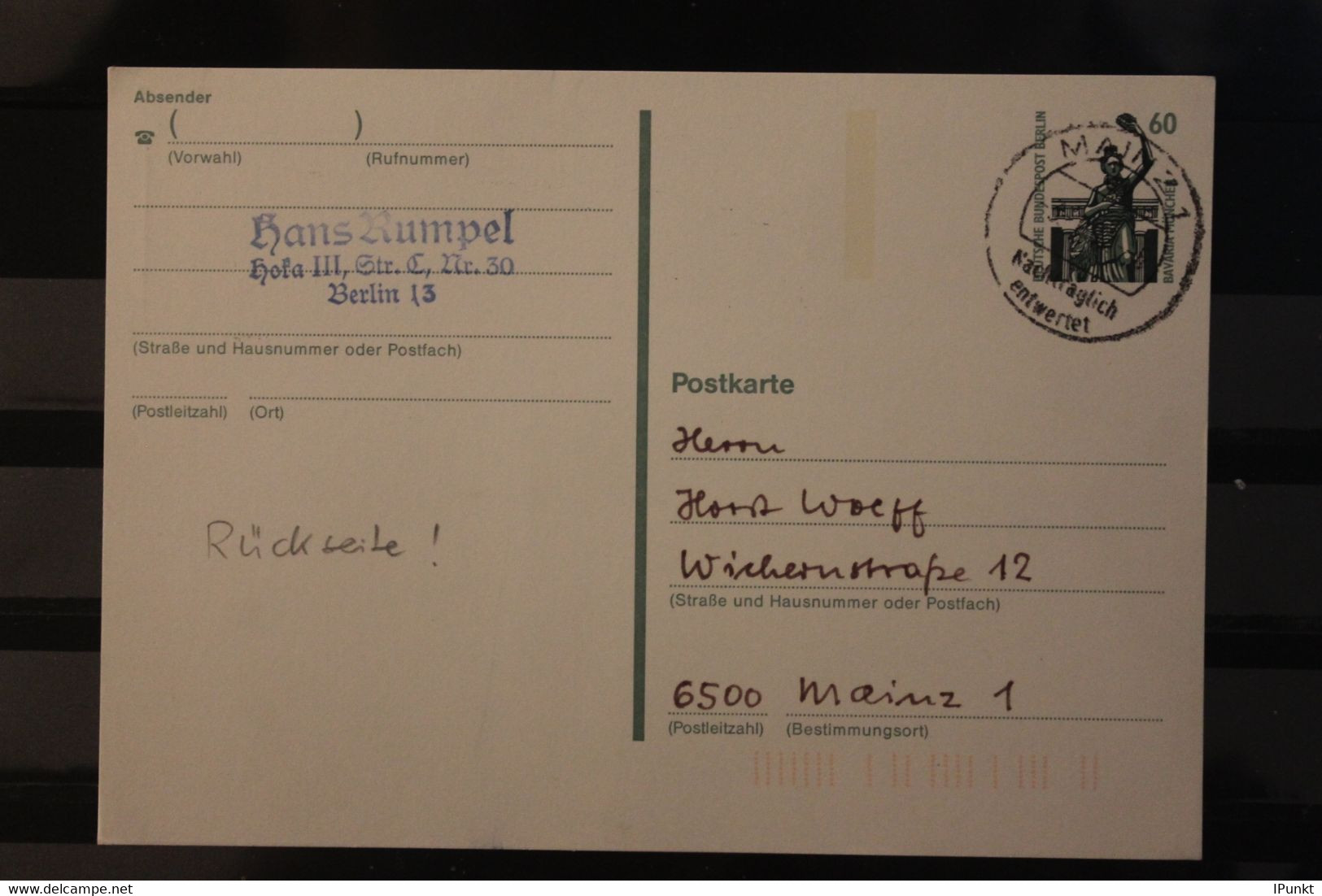 Berlin GS 60 Pf. Nachträglich Entwertet; Poststempel Rückseite, Befördert, Codiert - Postcards - Used