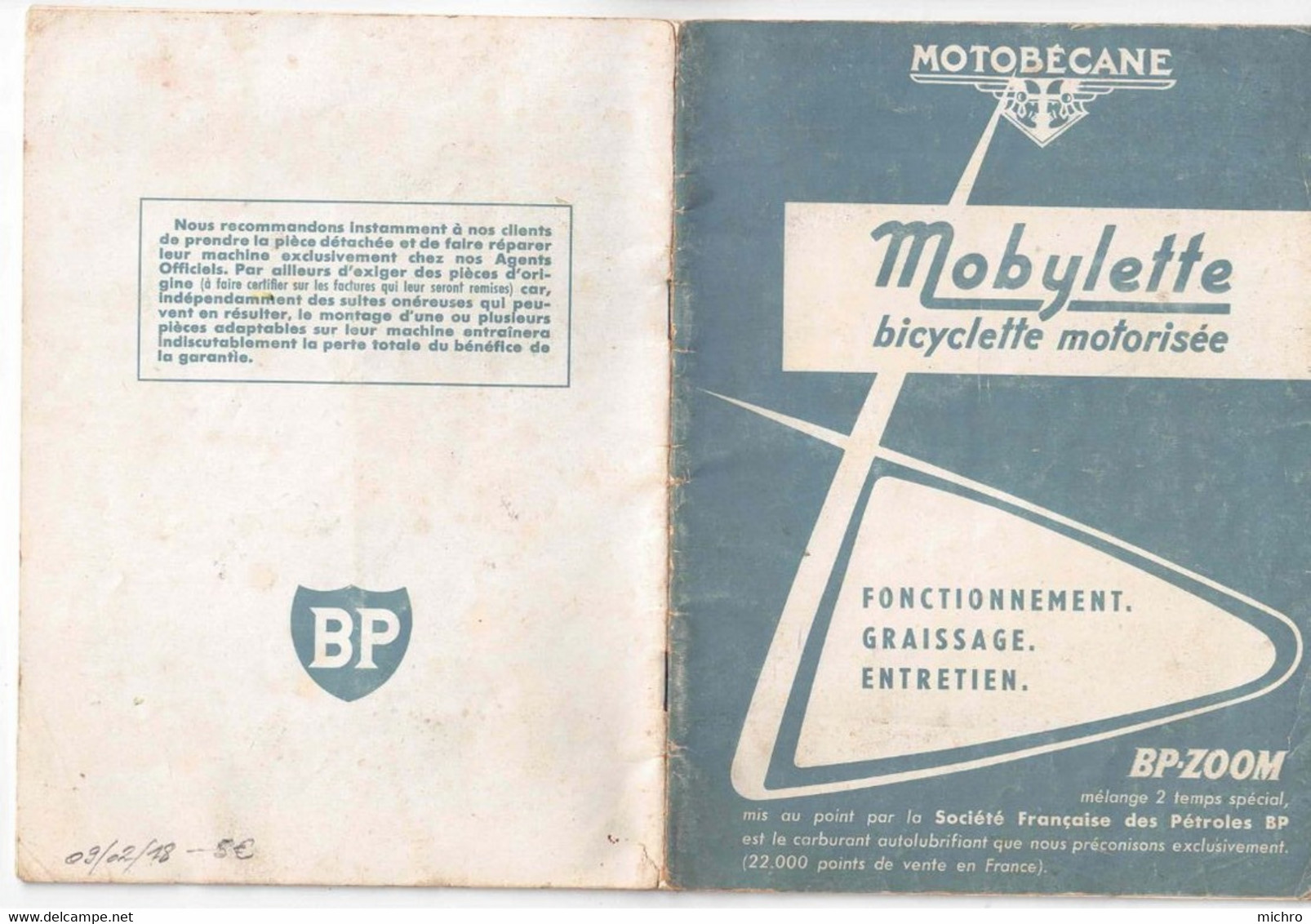 MOTOBECANE - MOBYLETTE : Carnet D' Entretien, Fonctionnement Et Graissage  - 090218 - - Motorrad