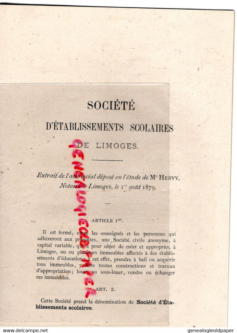 87-LIMOGES- SOCIETE ETABLISSEMENTS SCOLAIRES-ECOLE EDUCATION-MAITRE HERVY NOTAIRE 1879- BD MONTMAILLER PROSPER BOUCHERON - Documentos Históricos