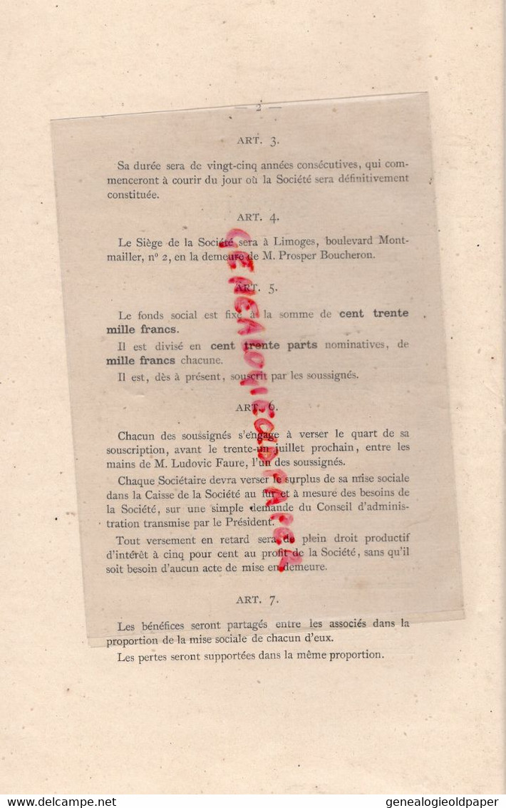 87-LIMOGES- SOCIETE ETABLISSEMENTS SCOLAIRES-ECOLE EDUCATION-MAITRE HERVY NOTAIRE 1879- BD MONTMAILLER PROSPER BOUCHERON - Documents Historiques