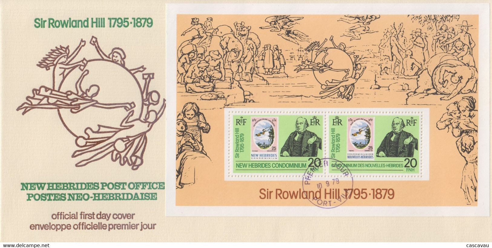 Enveloppe FDC  1er Jour   NOUVELLES  HEBRIDES  Bloc  Feuillet    Sir  Roland  HILL   1979 - Rowland Hill