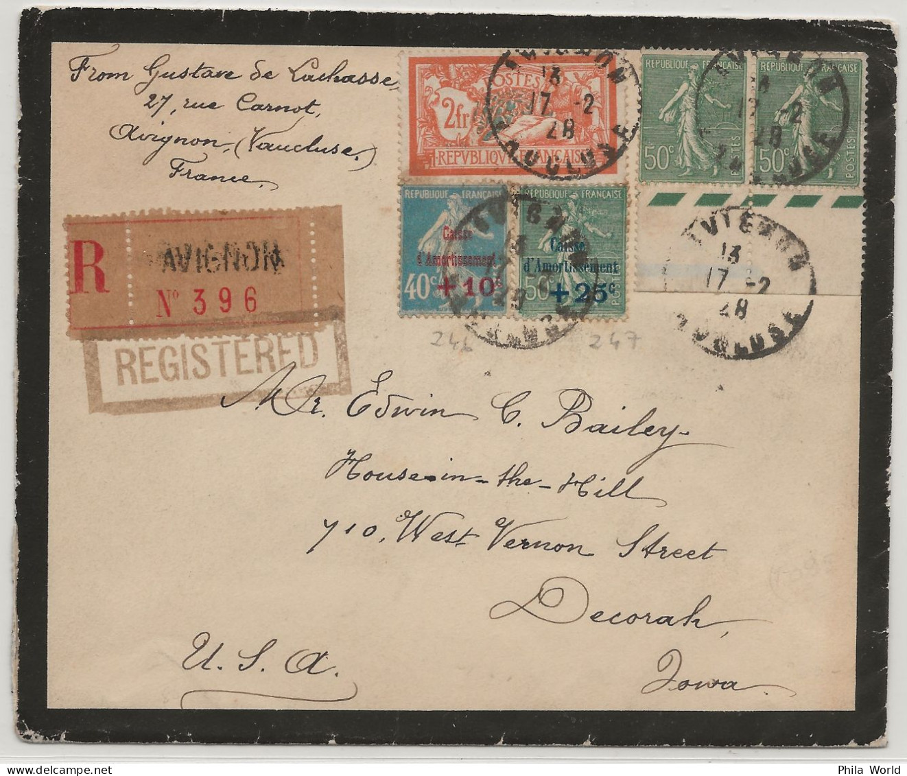 FRANCE 1928 Registered Cover Avignon To USA Iowa Decorah Via CHICAGO Merson Semeuse Caisse Amortissement - Lettres & Documents