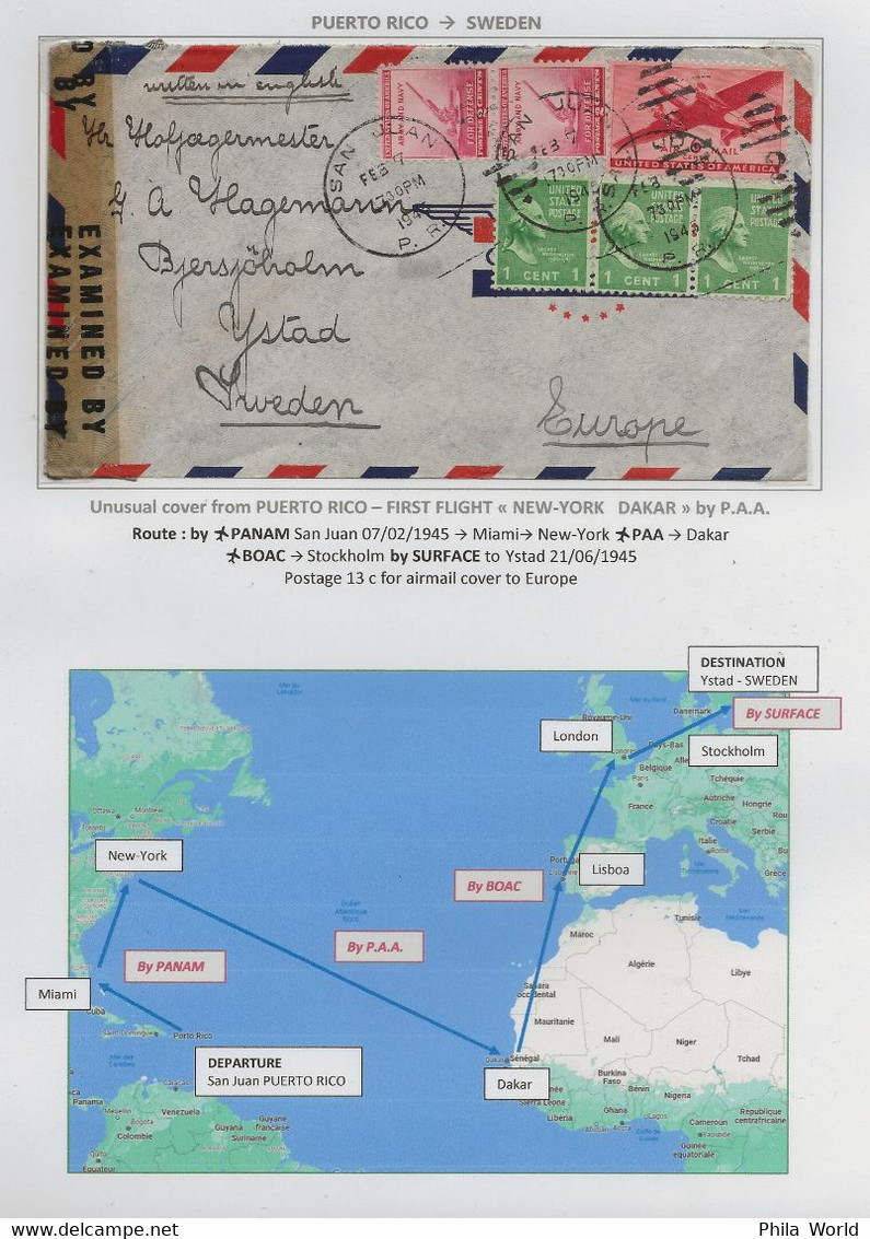 WW2 Air Mail Cover 1945 FFC First Flight PUERTO RICO USA SWEDEN Via Miami PAA Dakar BOAC Lisboa London US Censor - Lettres & Documents