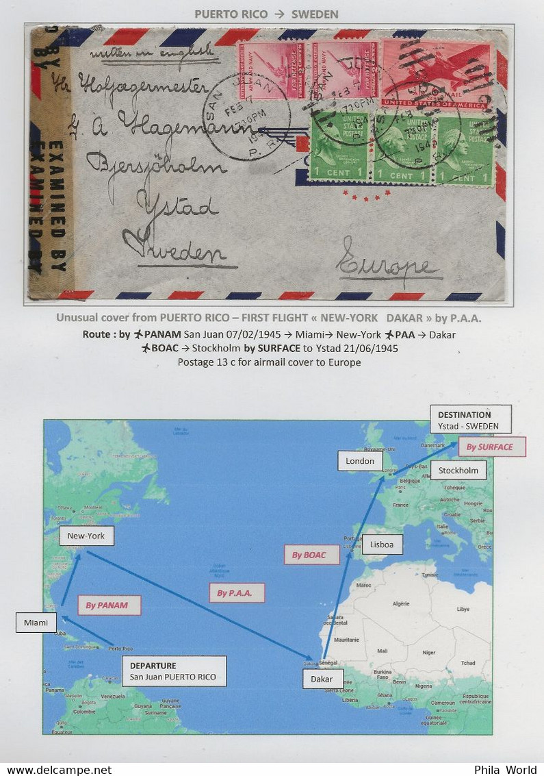 WW2 Air Mail Cover 1945 FFC First Flight PUERTO RICO USA SWEDEN Via Miami PAA Dakar BOAC Lisboa London US Censor - Storia Postale