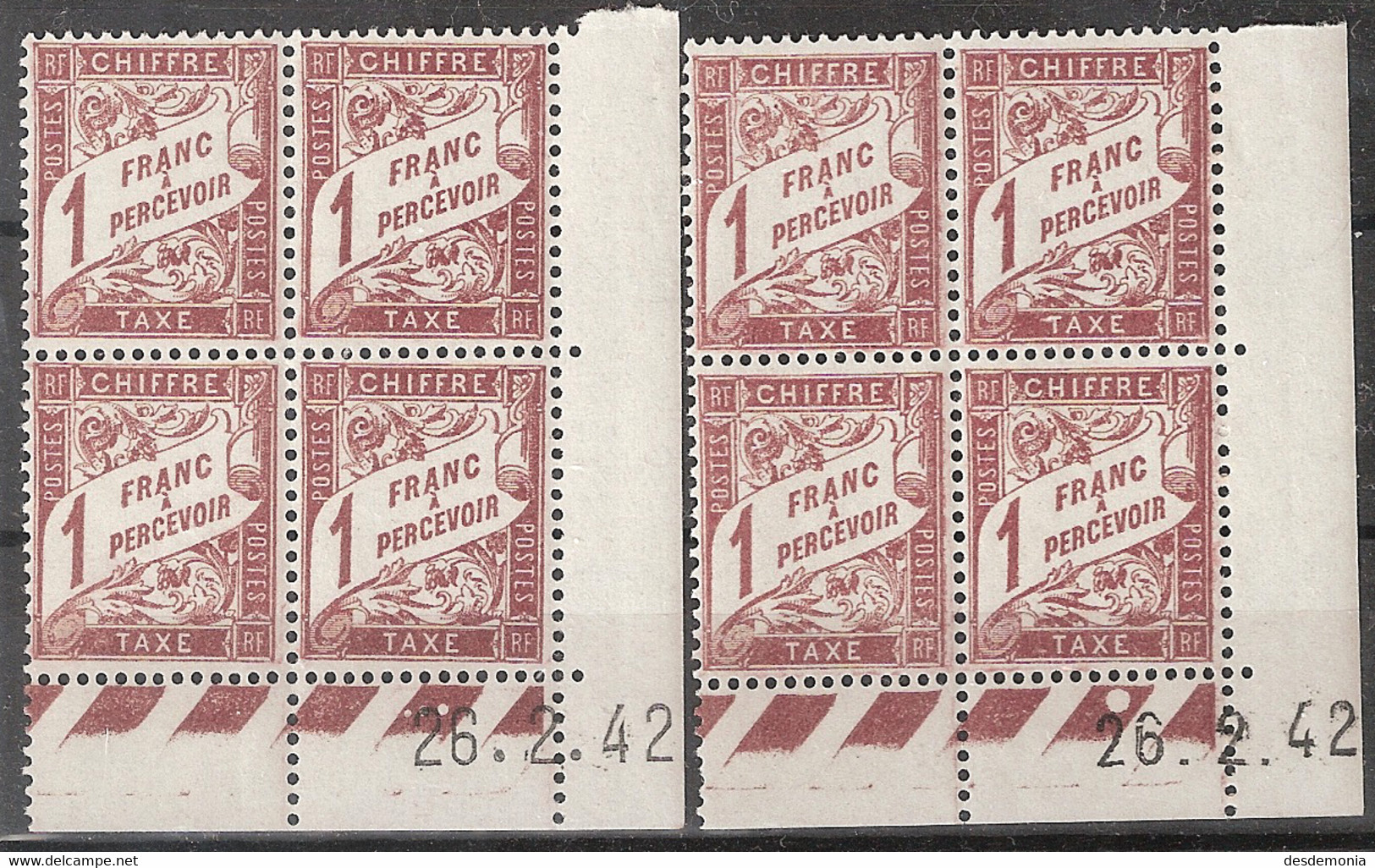 France Yvert Taxe 40A ** Duval 1F Lilas-brun Coin-daté Du 26,2,42 Galvano A+C - Postage Due