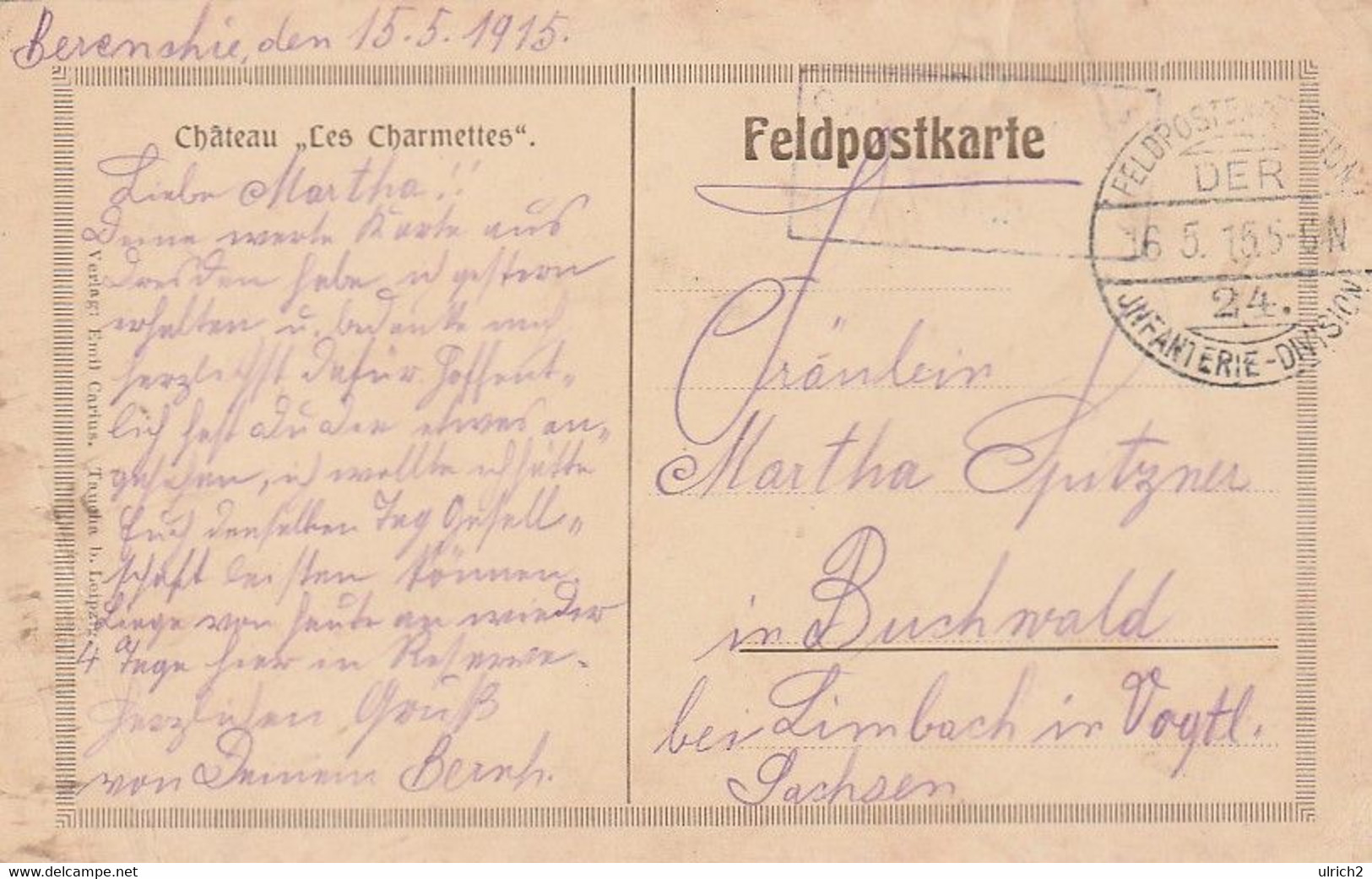 AK Lambersart - Château Les Charmettes - Feldpost 1915  (62470) - Lambersart