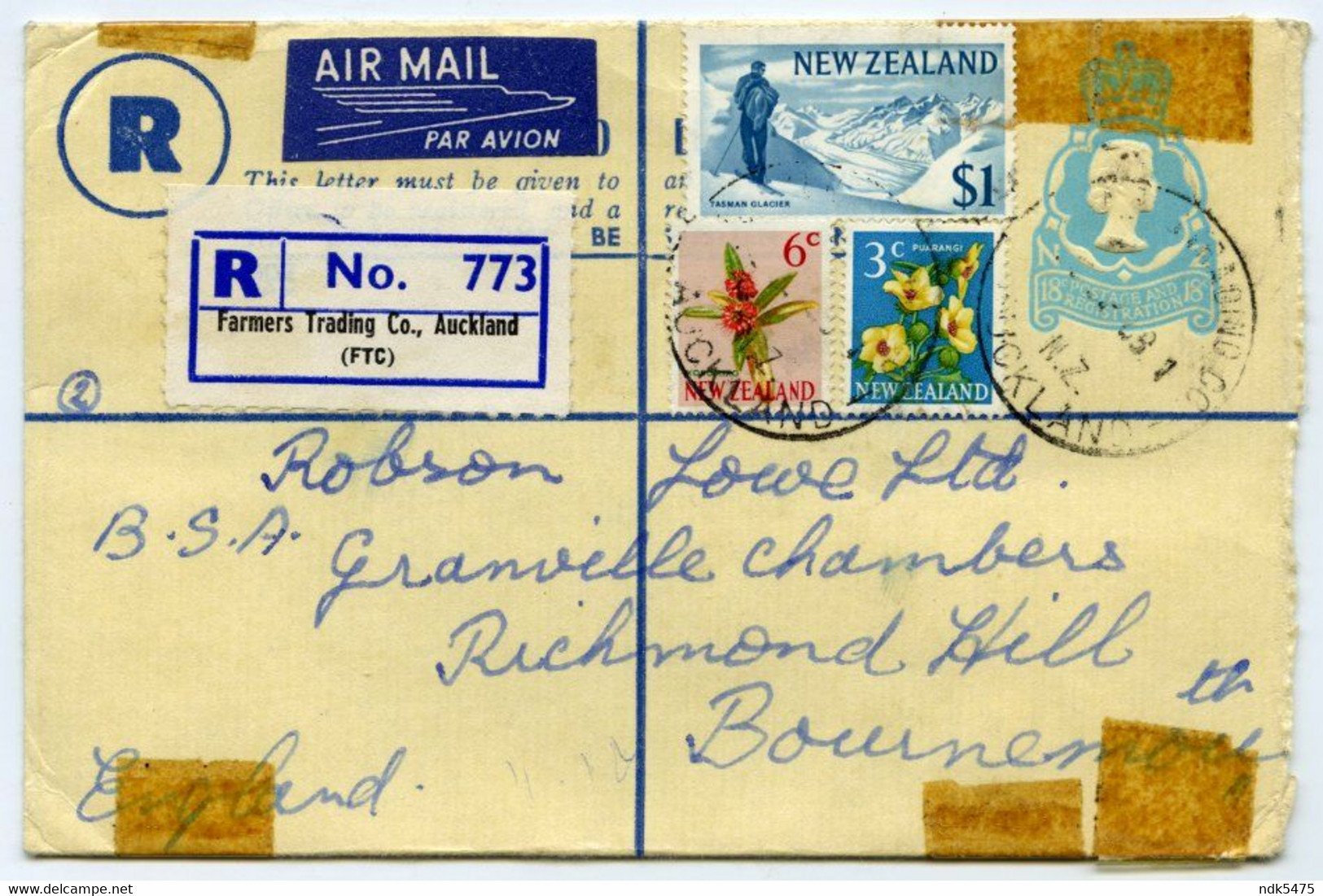 NEW ZEALAND : REGISTERED AIR MAIL - FARMERS TRADING CO., AUCKLAND, 1968 / ROBSON LOWE, BOURNEMOUTH, RICHMOND HILL - Storia Postale