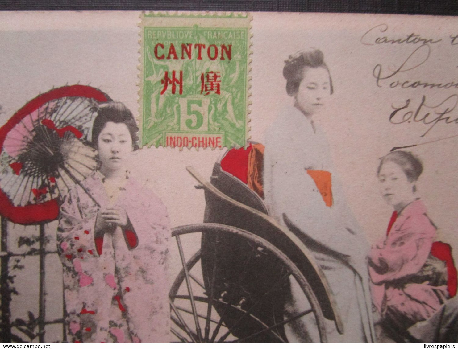 Japon Femmes En Pousse Cpa Timbre Canton Sur Indochine Surgage Taxe Service A La Mer Marine - Otros & Sin Clasificación