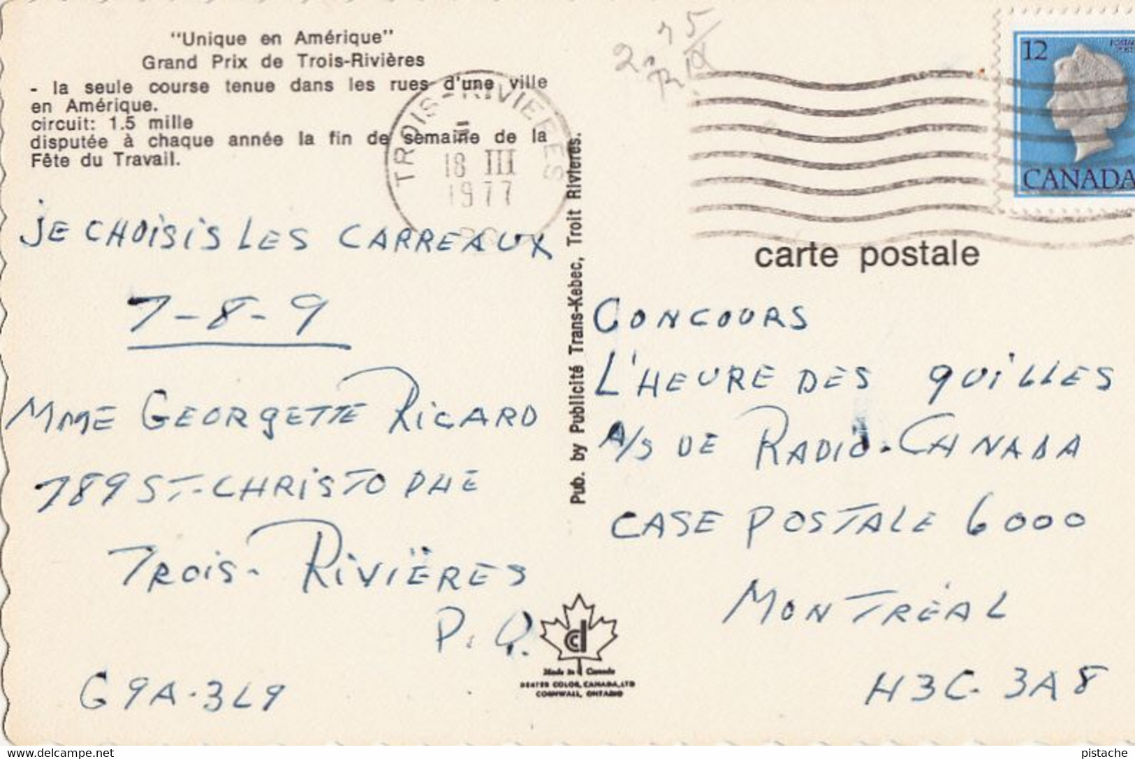 3213 – Trois-Rivières Québec – Grand Prix – Race Car – Voiture De Course – Stamp Postmark 1977 – VG Condition – 2 Scans - Trois-Rivières