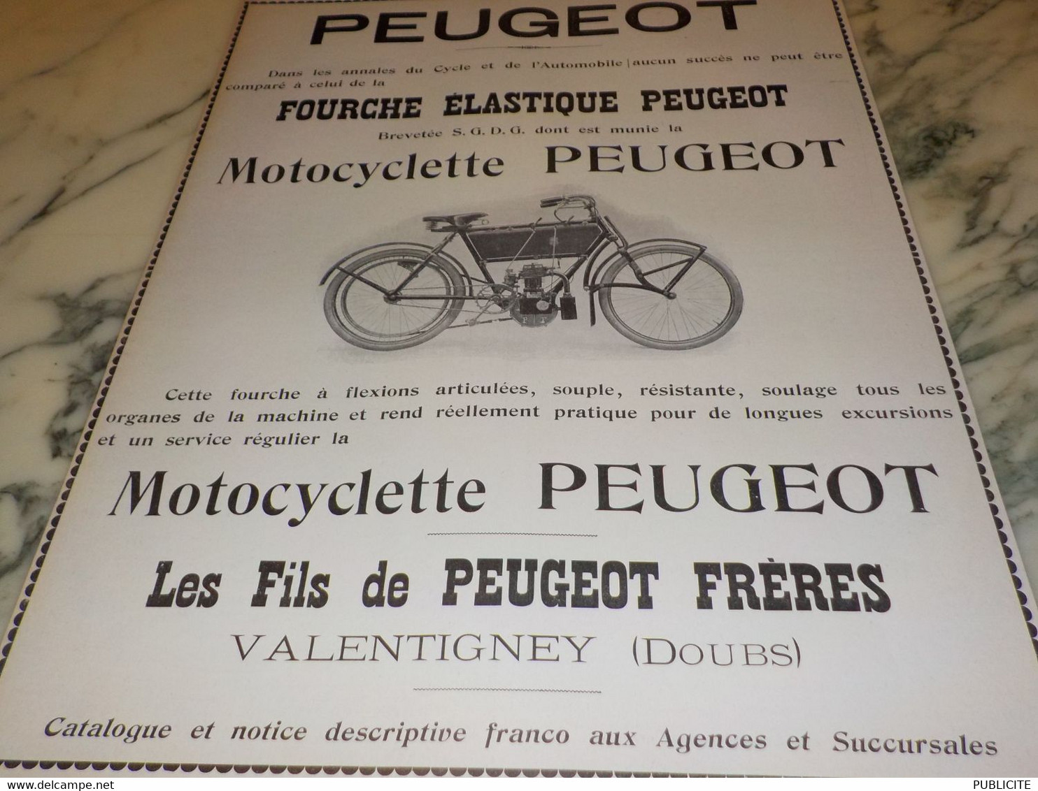 ANCIENNE PUBLICITE FOURCHE ELASTIQUE  MOTOCYCLETTE  PEUGEOT  1904 - Motos