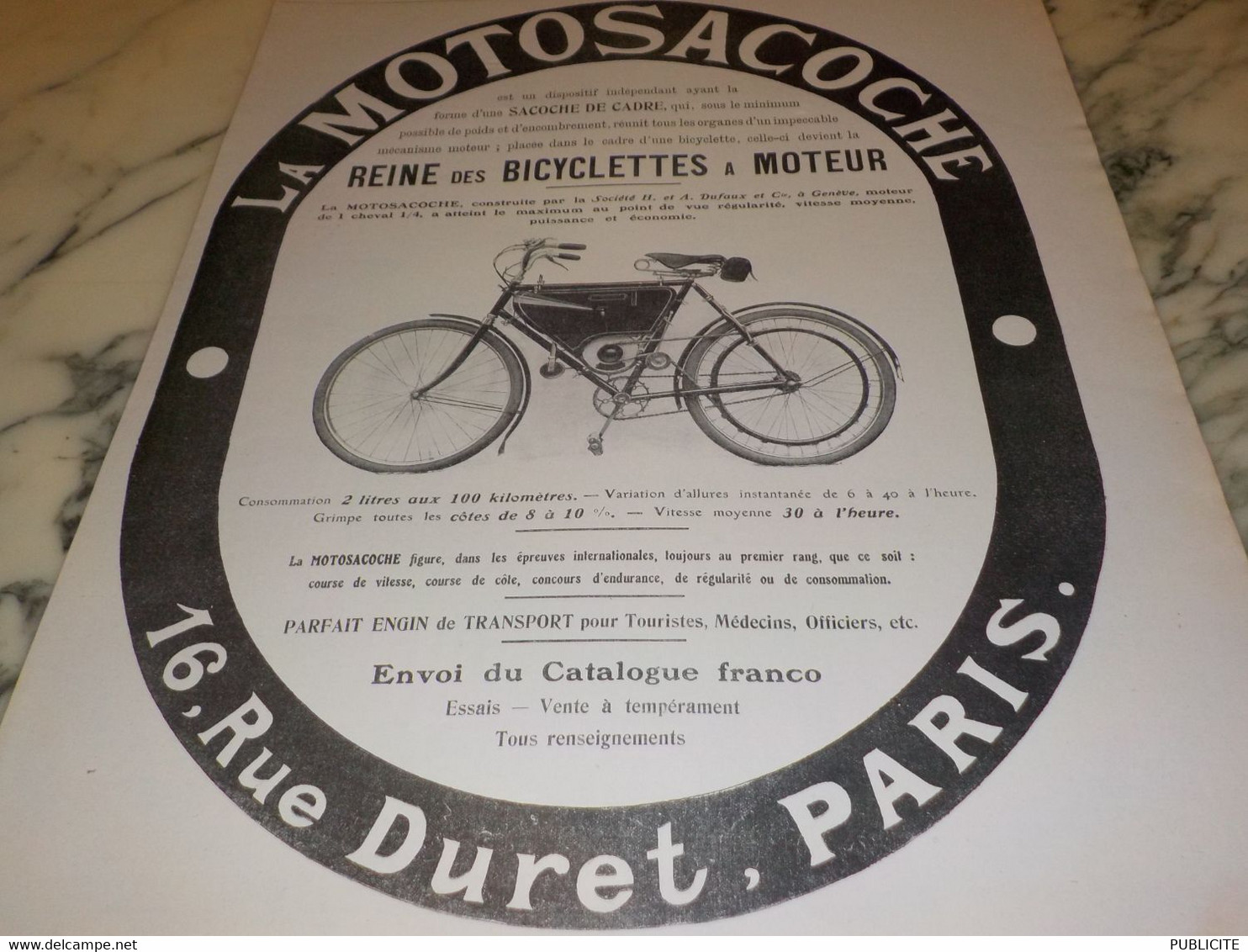 ANCIENNE PUBLICITE  REINE DES BICYCLETTES A MOTEUR LA MOTOSACOCHE 1909 - Motos