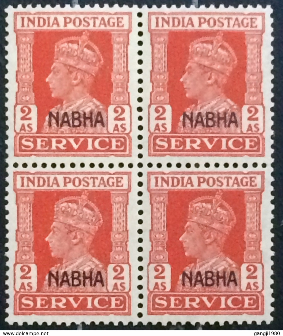 INDIA NABHA STATE 1943, MNH BLOCK OF 4 ,STAMPS ,2AS ORANGE 062 - Nabha