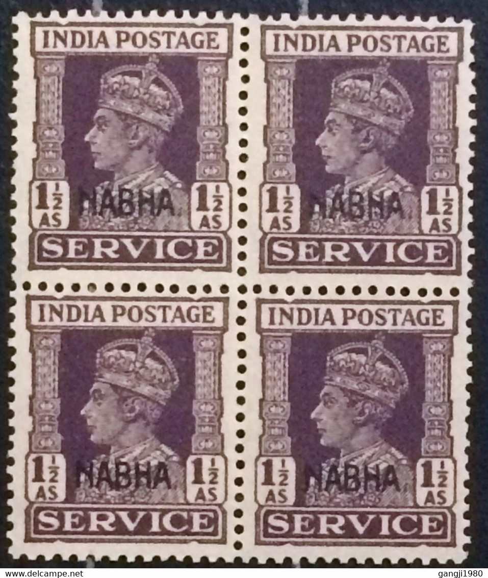 INDIA NABHA STATE 1943, MNH BLOCK OF 4 ,STAMPS ,1 1/2 AS VIOLET 061 - Nabha