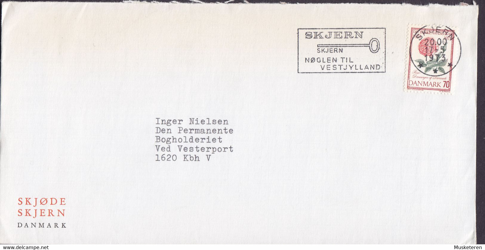 Denmark SKJØDE Slogan Flamme 'Nøglen Til Vestjylland' Key Clef Schlüssel Cachet SKJERN 1973 Cover Brief Flower Rose - Lettres & Documents