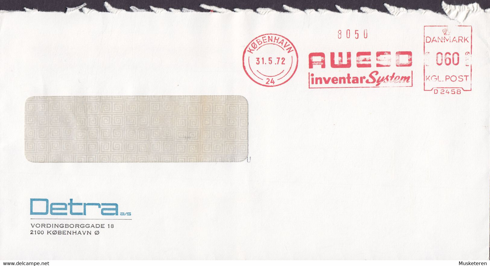 Denmark DETRA Vordingborggade ATM Cds. 'AWESO Inventar System' KØBENHAVN 1972 'D 2458' Cover Brief - Maschinenstempel (EMA)