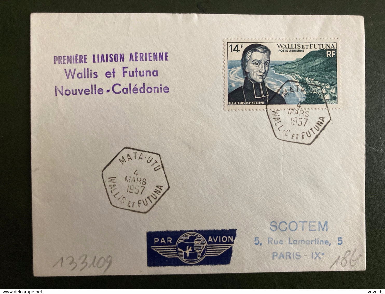 LETTRE TP PERE CHANEL 14F OBL. HEXAGONALE 4 MARS 1957 MATA-UTU + 1ERE LIAISON AERIENNE NOUVELLE-CALEDONIE - Storia Postale