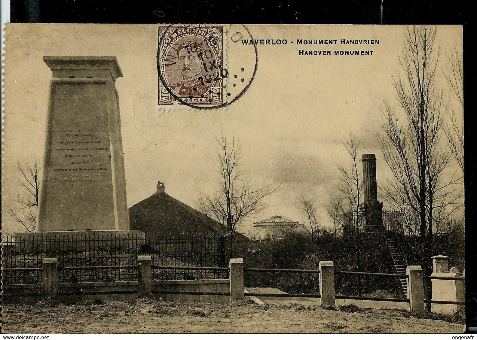 Carte-vue, Waterloo, Monument Hanovrien - Obl. WATERLOO 10/09/1920 - Poste Rurale