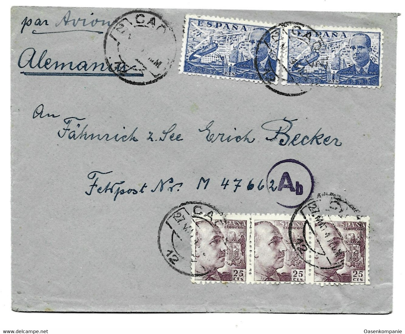 Feldpost Spanien Interniertenpost Cadiz Zensur 1943 - Feldpost 2e Wereldoorlog