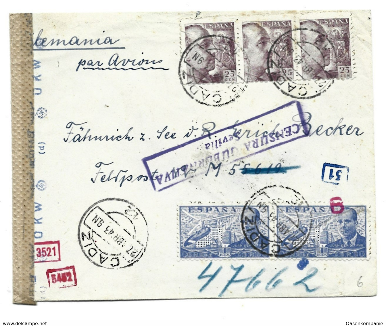 Feldpost Internierten Cadiz Spanien Zensur 1943 - Feldpost 2e Wereldoorlog