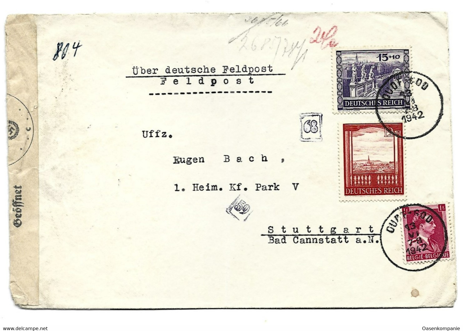 Feldpost Oude God Belgien Stuttgart MiF Zensur 1942 - Feldpost World War II