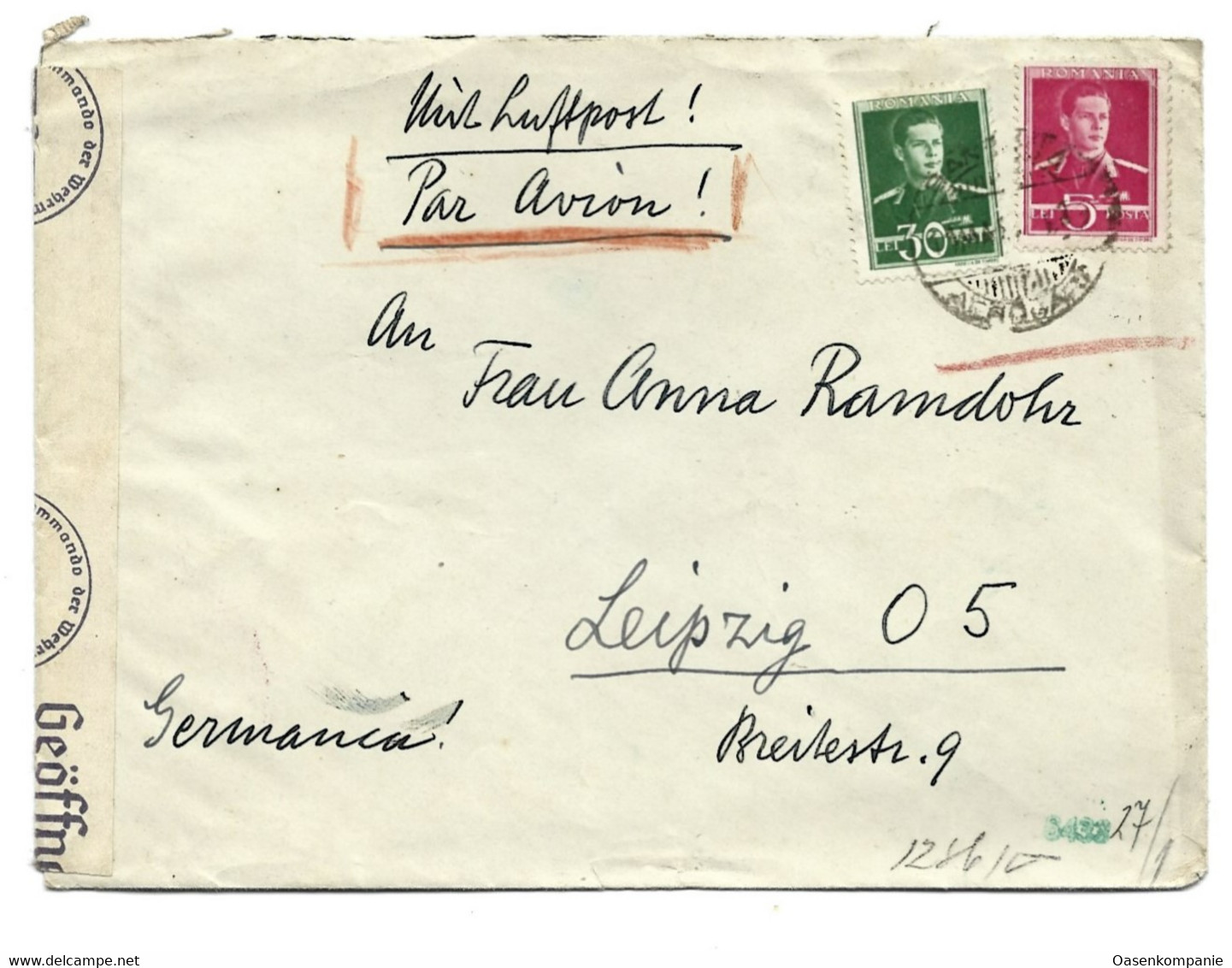Luftpost Rumänien Bukarest Leipzig Zensur 1943 - 2de Wereldoorlog (Brieven)
