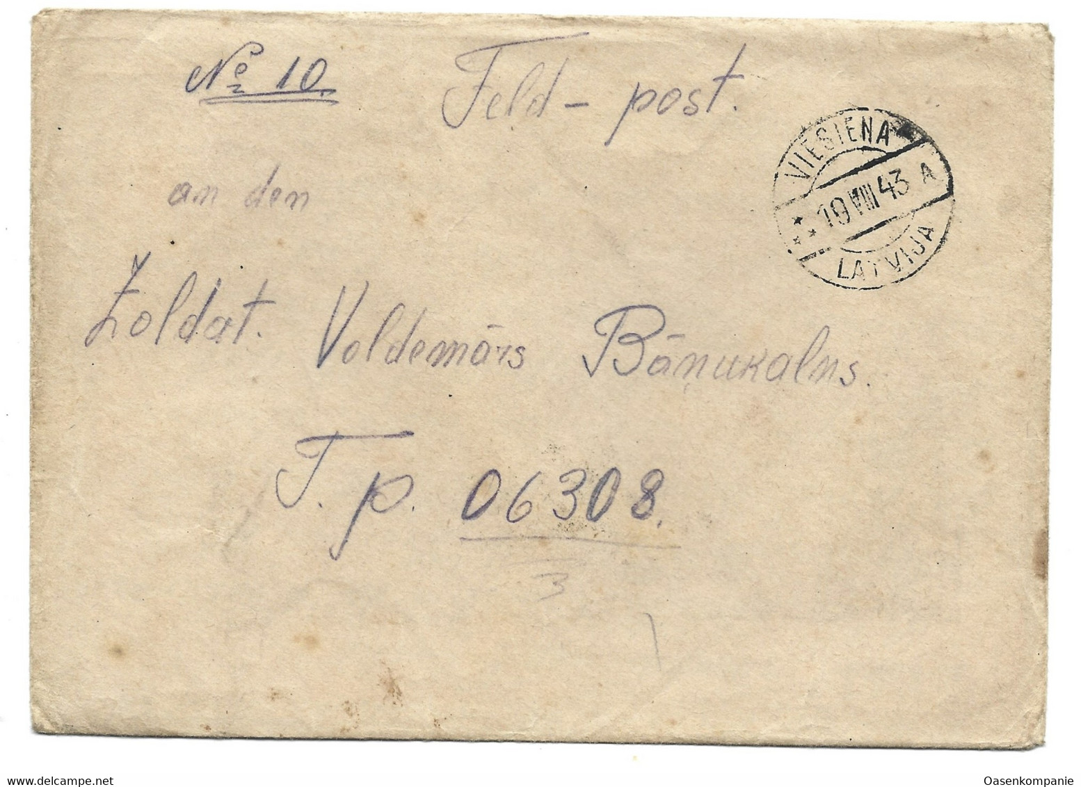 Feldpost Lettischer Freiwilliger Viesiena Lettland 1943 - Feldpost 2e Wereldoorlog