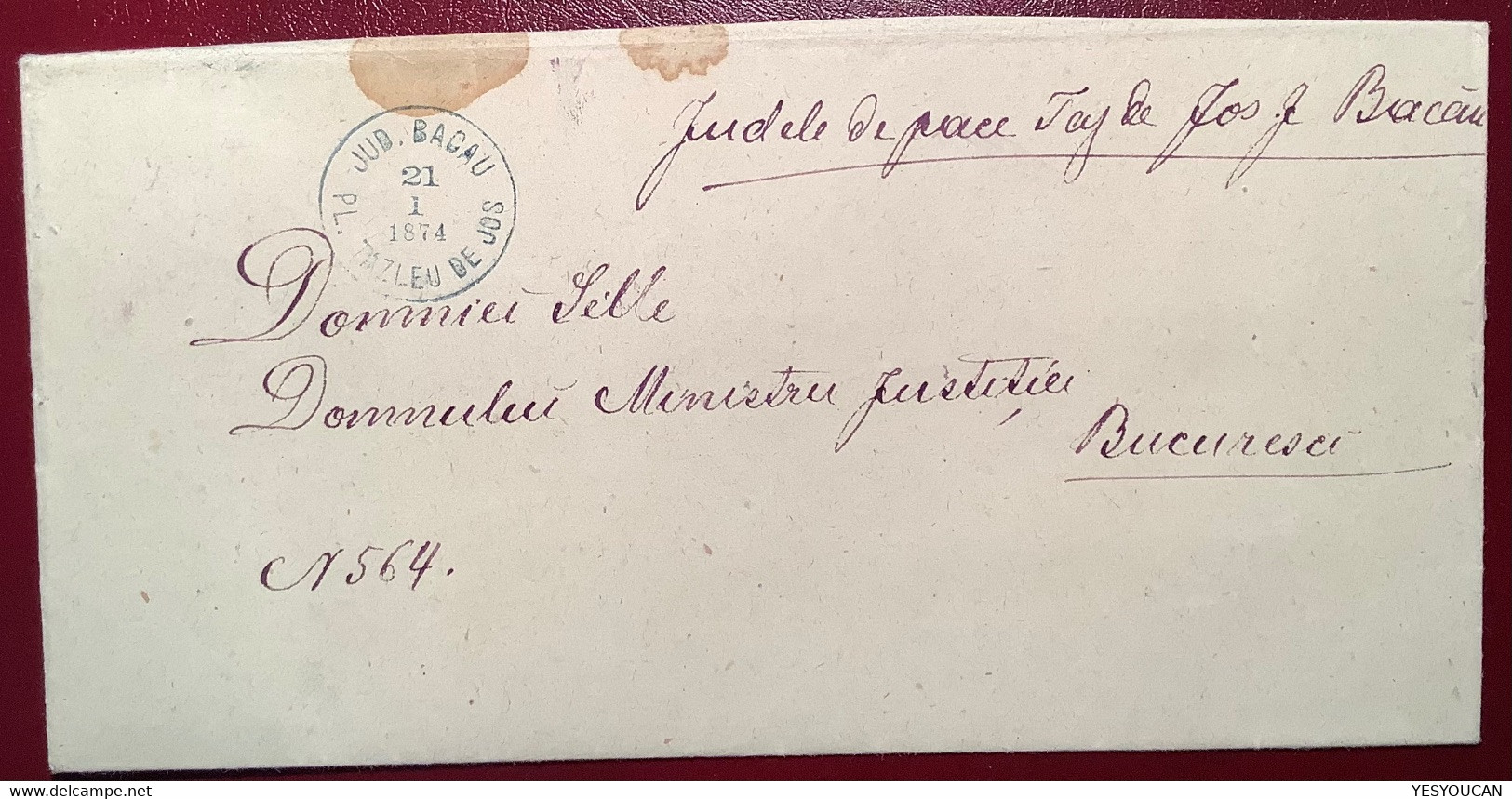 "JUD.BACAU PL.TAZLEU DE JOS 1874" RARE RURAL POSTMARK Cover To Bucuresci  (Tazlau Romania Roumanie Lettre - 1858-1880 Moldavia & Principado