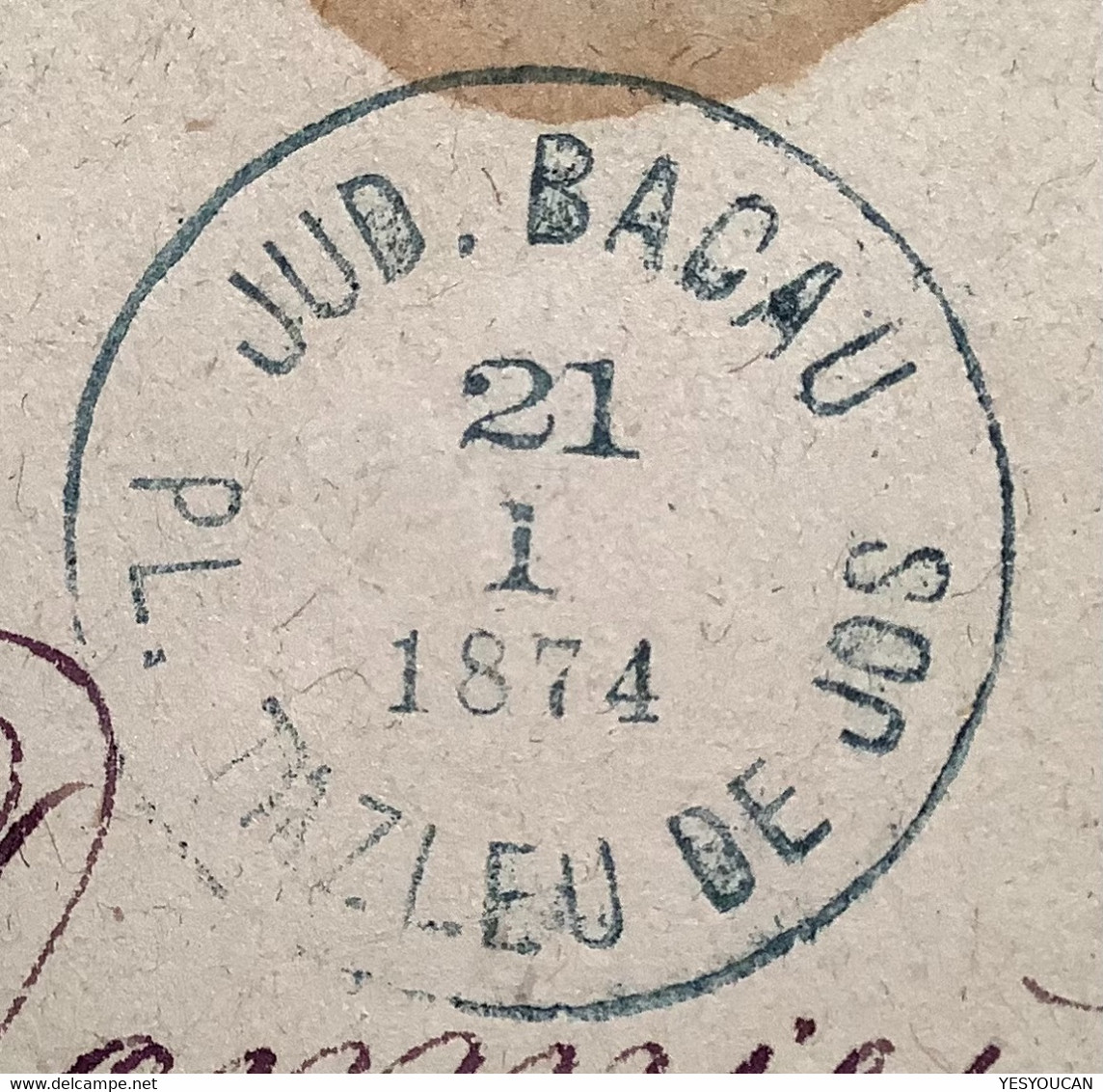 "JUD.BACAU PL.TAZLEU DE JOS 1874" RARE RURAL POSTMARK Cover To Bucuresci  (Tazlau Romania Roumanie Lettre - 1858-1880 Moldavia & Principality