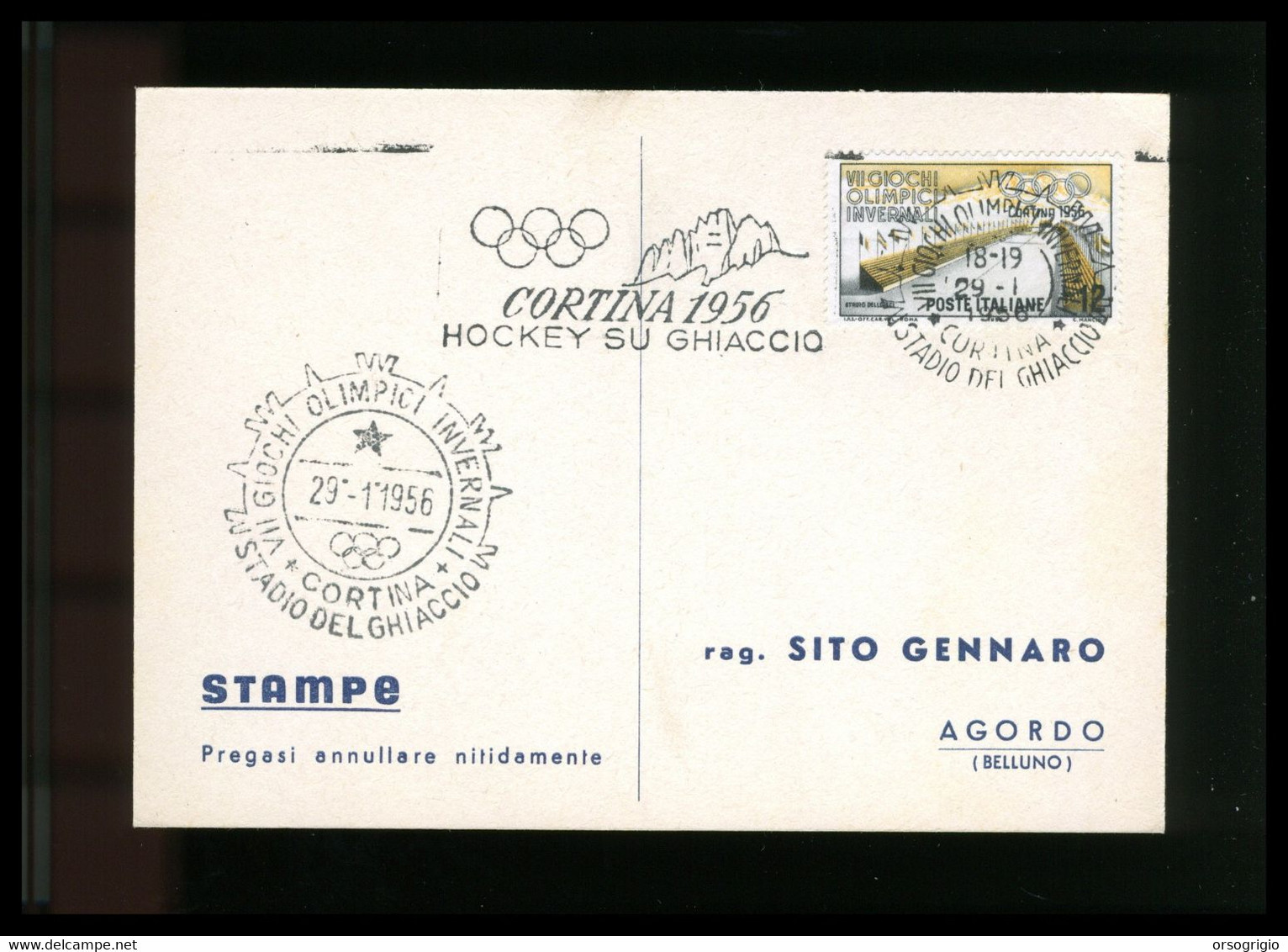 ITALIA - 1956 GIOCHI OLIMPICI INVERNALI Di CORTINA D'AMPEZZO - HOCKEY SU GHIACCIO -  29-1-1956    LUSSO - Winter 1956: Cortina D'Ampezzo