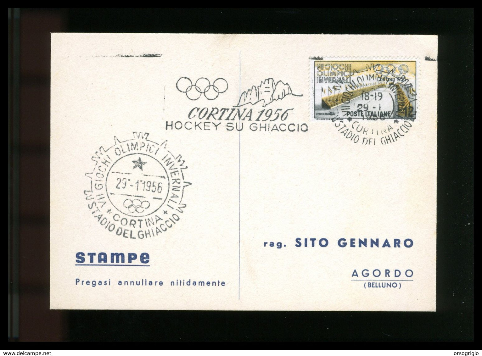 ITALIA - 1956 GIOCHI OLIMPICI INVERNALI Di CORTINA D'AMPEZZO - HOCKEY SU GHIACCIO -  29-1-1956    LUSSO - Invierno 1956: Cortina D'Ampezzo