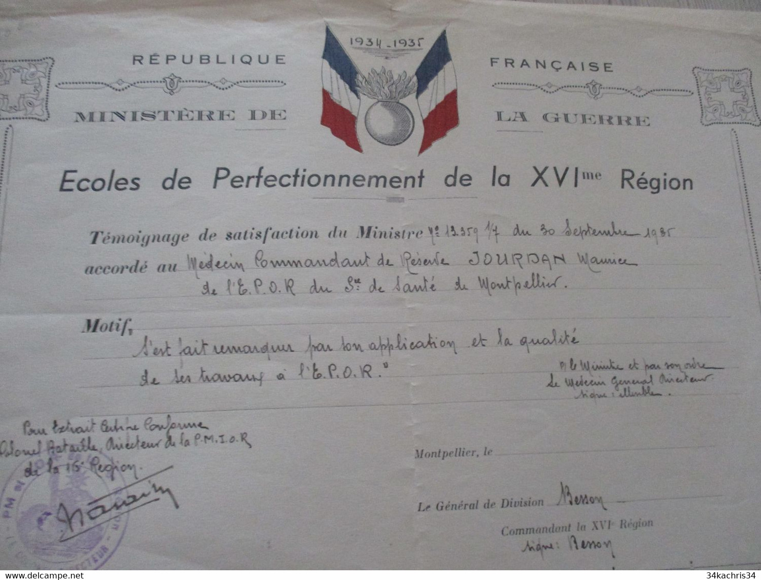 Diplôme Militaire 1934/1935 Ecoles De Perfectionnement De La XVI ème Région Témoignage Stisfacion Jourdan Montpellier - Diplômes & Bulletins Scolaires