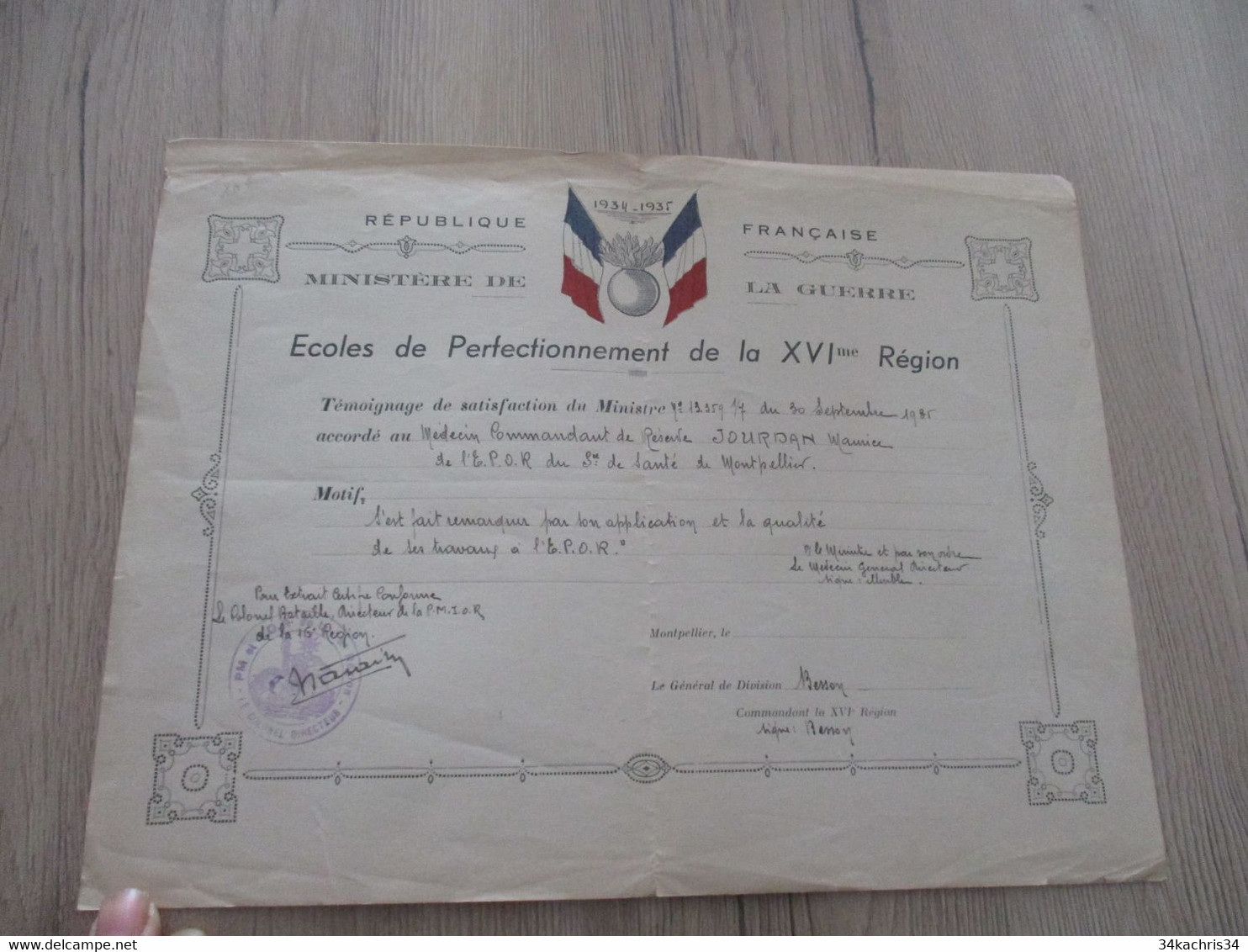 Diplôme Militaire 1934/1935 Ecoles De Perfectionnement De La XVI ème Région Témoignage Stisfacion Jourdan Montpellier - Diplomas Y Calificaciones Escolares