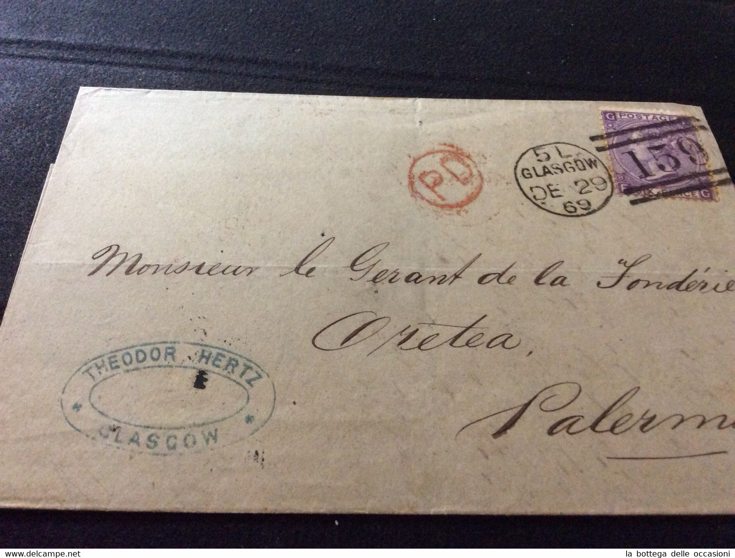 Gran Bretagna Greit Britain Histoire Postale  Glasgow For Sicily 1869  Palermo - Lettres & Documents