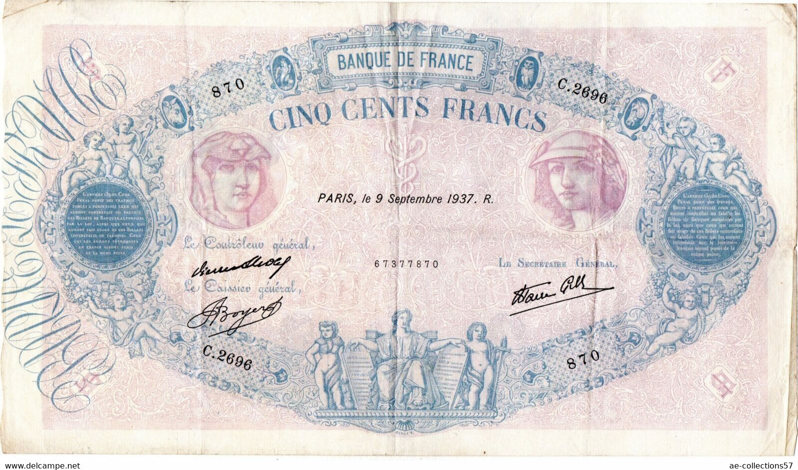 500 Francs 9/09/1937 Rose Et Bleu TB+ - 500 F 1888-1940 ''Bleu Et Rose''