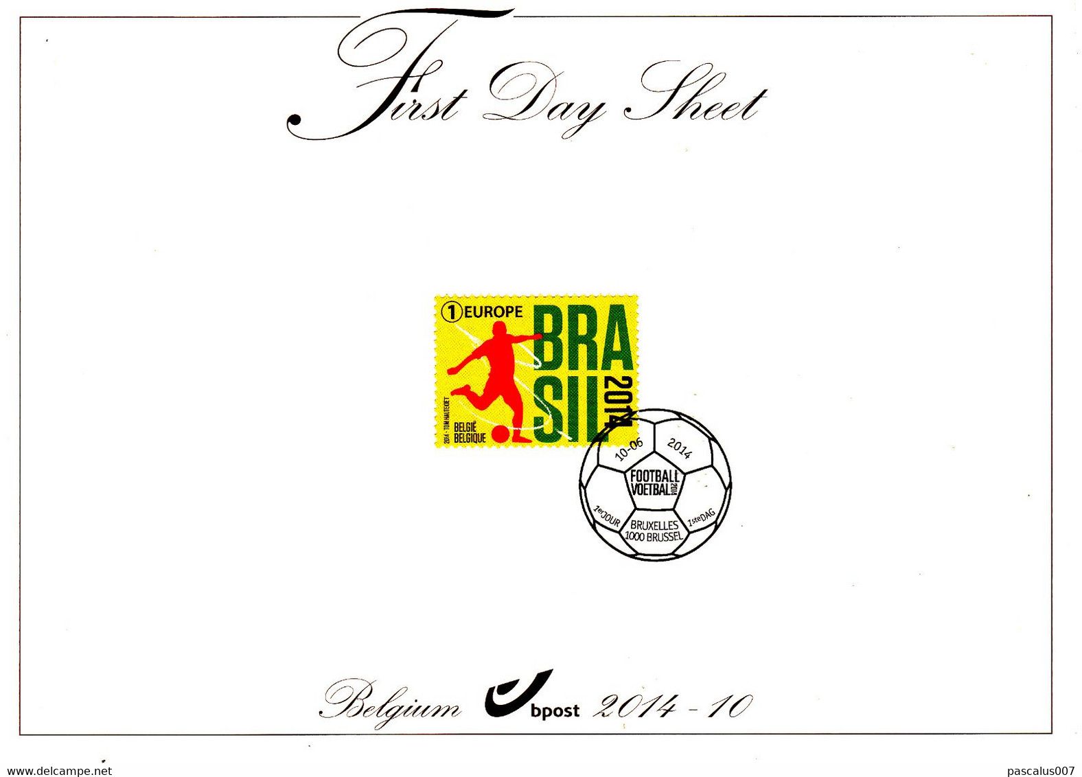 13 4422     2014-10 Belgique  FDS First Day Sheet FR NL Sport Football Coupe Monde  10-6-2014 079081 - 2011-2014