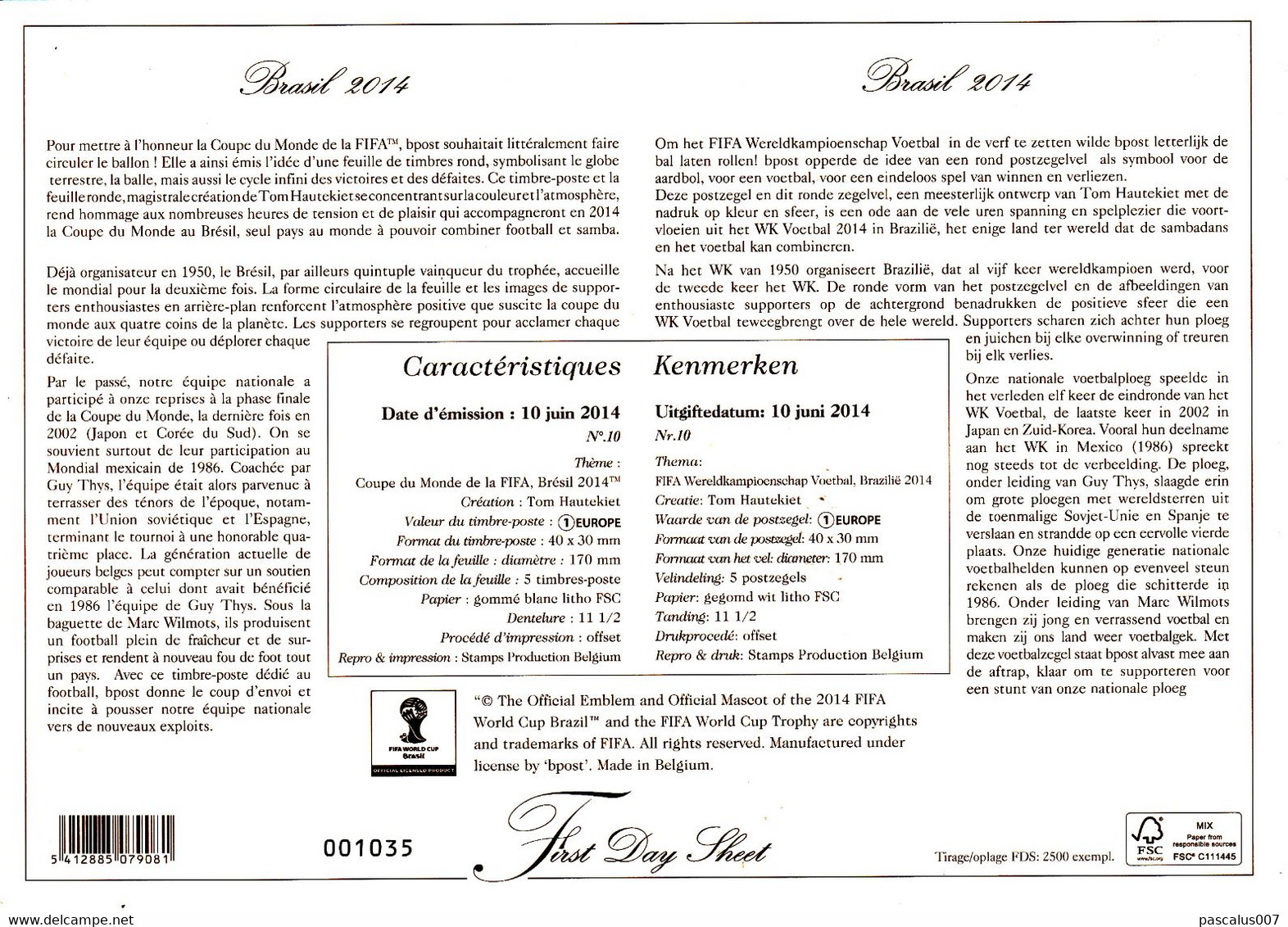 13 4422     2014-10 Belgique  FDS First Day Sheet FR NL Sport Football Coupe Monde  10-6-2014 079081 - 2011-2014
