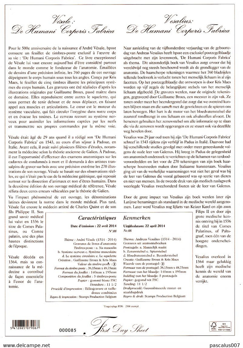13 4416 4420 BL 216  2014-08 Belgique FDS First Day Sheet FR NL Emission Commune 500 Ans André Vésale De Humanis Corpori - 2011-2014