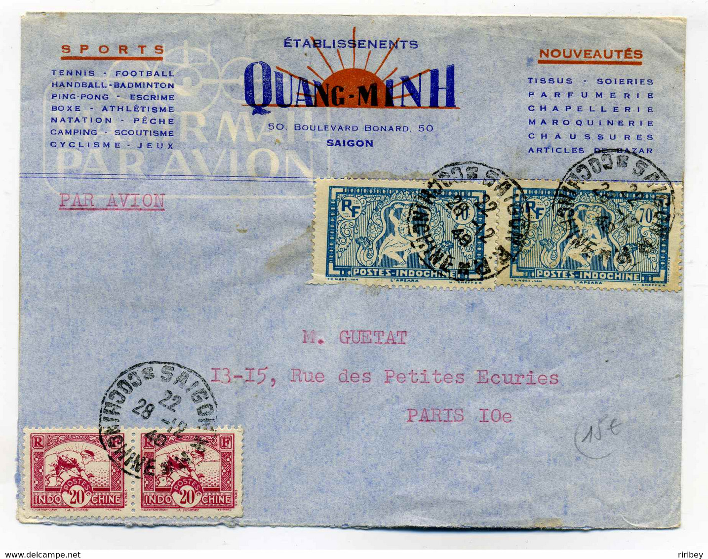 Lettre De SAIGON / Cochinchine / Env Publicitaire Ets QUANG MINH Sports Et Nouveautés / 1948 - Storia Postale